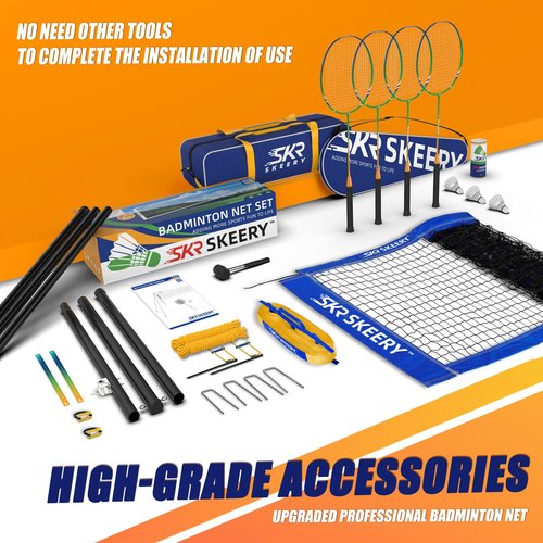 SKEERY Professional Badminton Set with Winch System,Portable Badminton Net Includes Carbon Aluminum Badminton Rackets Set of 4,3 Shuttlecocks and Carrying Bag,Badminton Sets for Backyards,Beach (Blue)