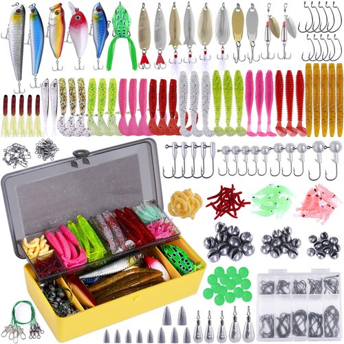 PLUSINNO Fishing Lures Baits Tackle Including Crankbaits, Spinnerbaits, Plastic Worms, Jigs, Topwater Lures Box and More Fishing Gear Lures Kit Set, 102/302Pcs