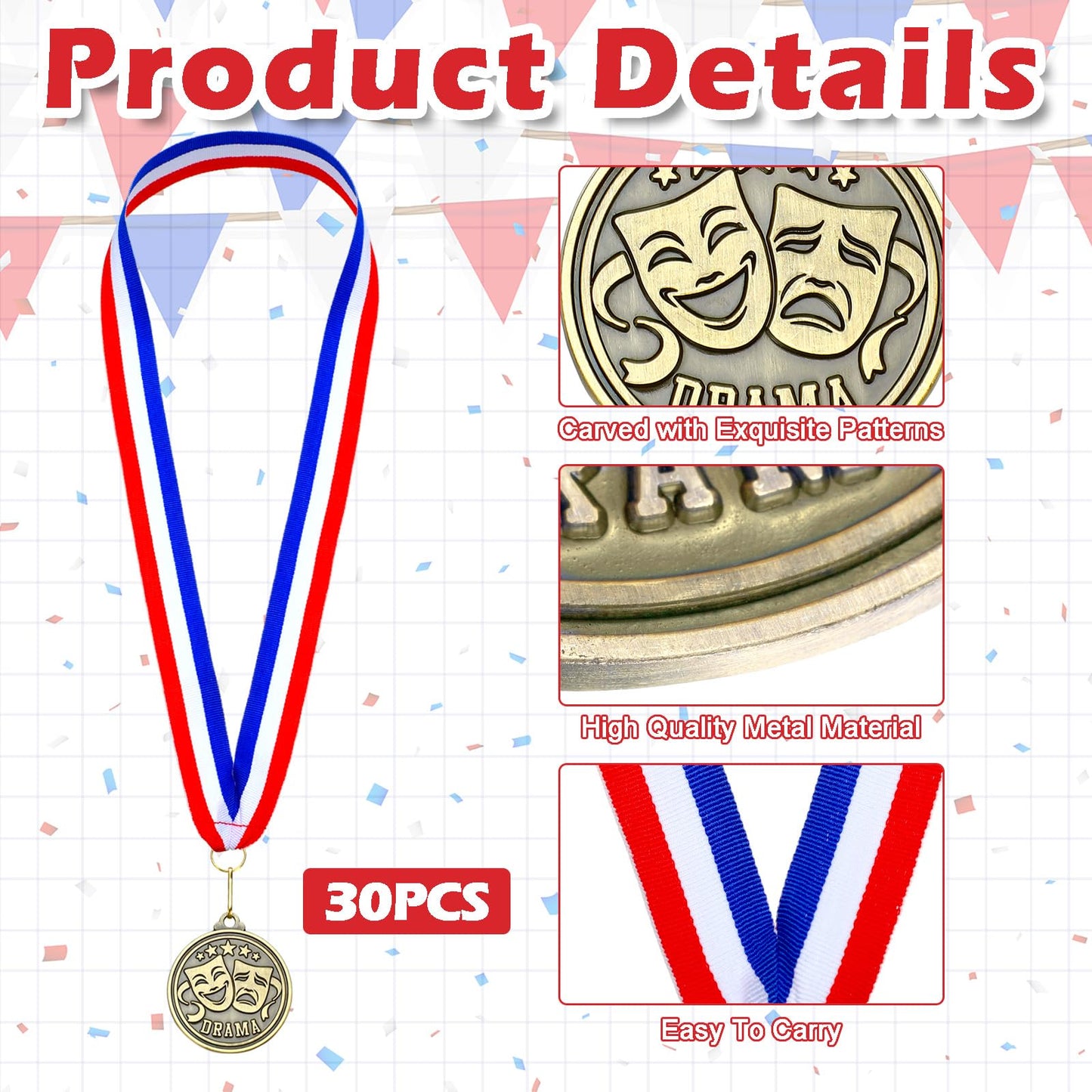 Quelay 30 Pcs 2'' Medals for Awards Winner Bulk with Neck Ribbons Metal Trophy Award Prize Gift for Kids Students Adults School Graduation Participation Competitions(Drama Oscars)