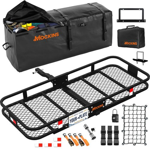 Mockins 60"x20"x6" Heavy Duty Trailer Hitch Cargo Carrier w/License Plate Holder & 16 Cu.Ft. Waterproof Cargo Bag for Hitch Carrier | All-Weather 500 Lbs. Cap Folding Luggage Rack for SUV Car & Truck