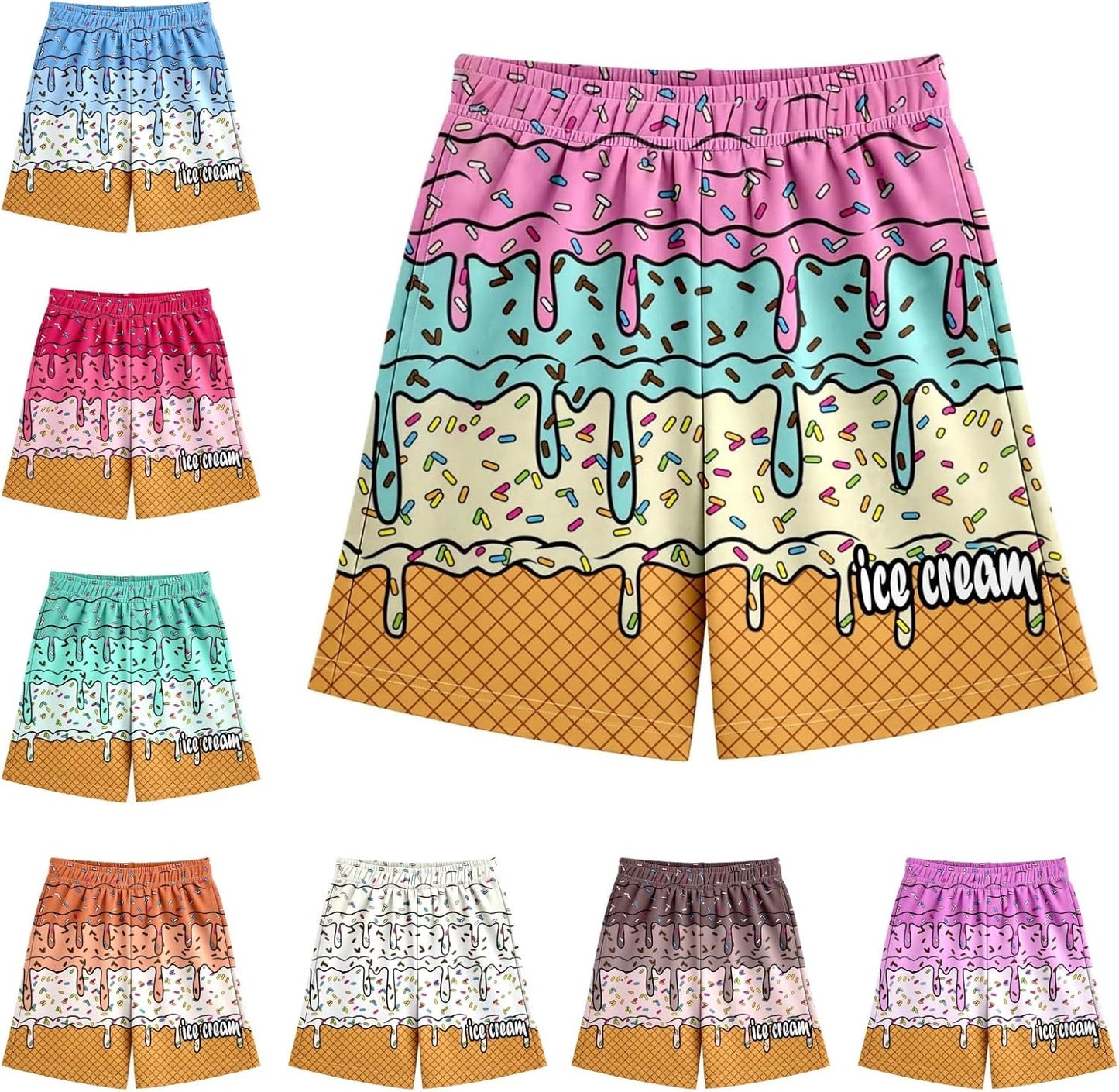 Ice Cream Shorts Boys Girls Elastic Waist Summer Cool Athletic Preppy Ice Cream Drip Baseball Shorts with Pockets