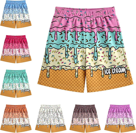 Ice Cream Shorts Boys Girls Elastic Waist Summer Cool Athletic Preppy Ice Cream Drip Baseball Shorts with Pockets
