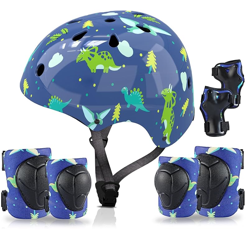 Kids Protective Gear Set 7-in-1 with Helmet, Knee, Elbow & Wrist Guards - Blue, 5-8 Years