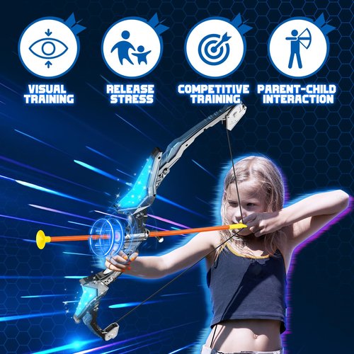 HOLIBIBE 2 Pack Kids Bow and Arrow, 20 Suction Cup Arrows, 2 Archery Targets&Quiver, Light-up Set for 4 5 6 7 8 9 10 11 12 Year Old, Indoor Outdoor Toys for Ages 5-7 8-13 Boys Girls(Black & Blue)