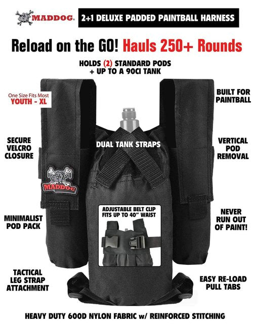 Maddog Entry Level Paintball Harness Pod Pack Belt with HPA CO2 Tank Holder Pouch - 2+1