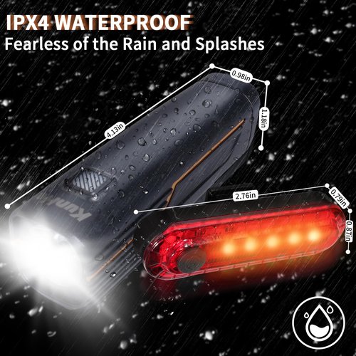 KunHe 2 Pack 227Lumens 1600mAh Bike Light Set Rechargeable Front & Rear Bicycle Lights with IPX4 Waterproof 4 Modes for Night Cycling