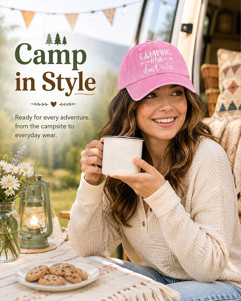 Women's Pink Embroidered Camping Hair Don't Care Adjustable Baseball Cap