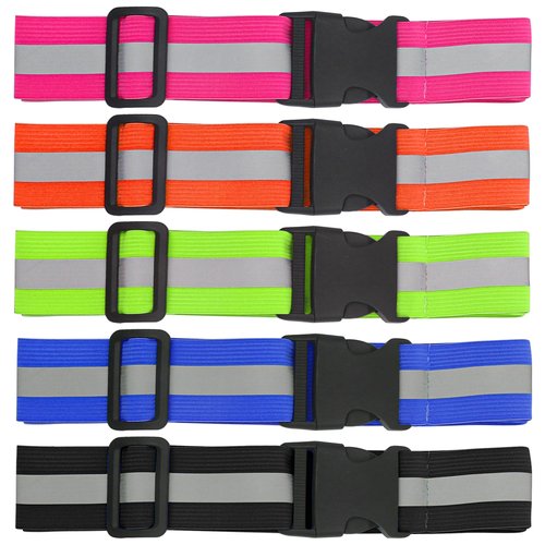 5 Pcs Reflective Belt or Sash, PT Belts Lights for Running At Night Safety Visibility Adjustable Lightweight Vest Waist Glow Straps for Cycling Walking Fit Women Men Kid (Black Blue Pink Green Orange)