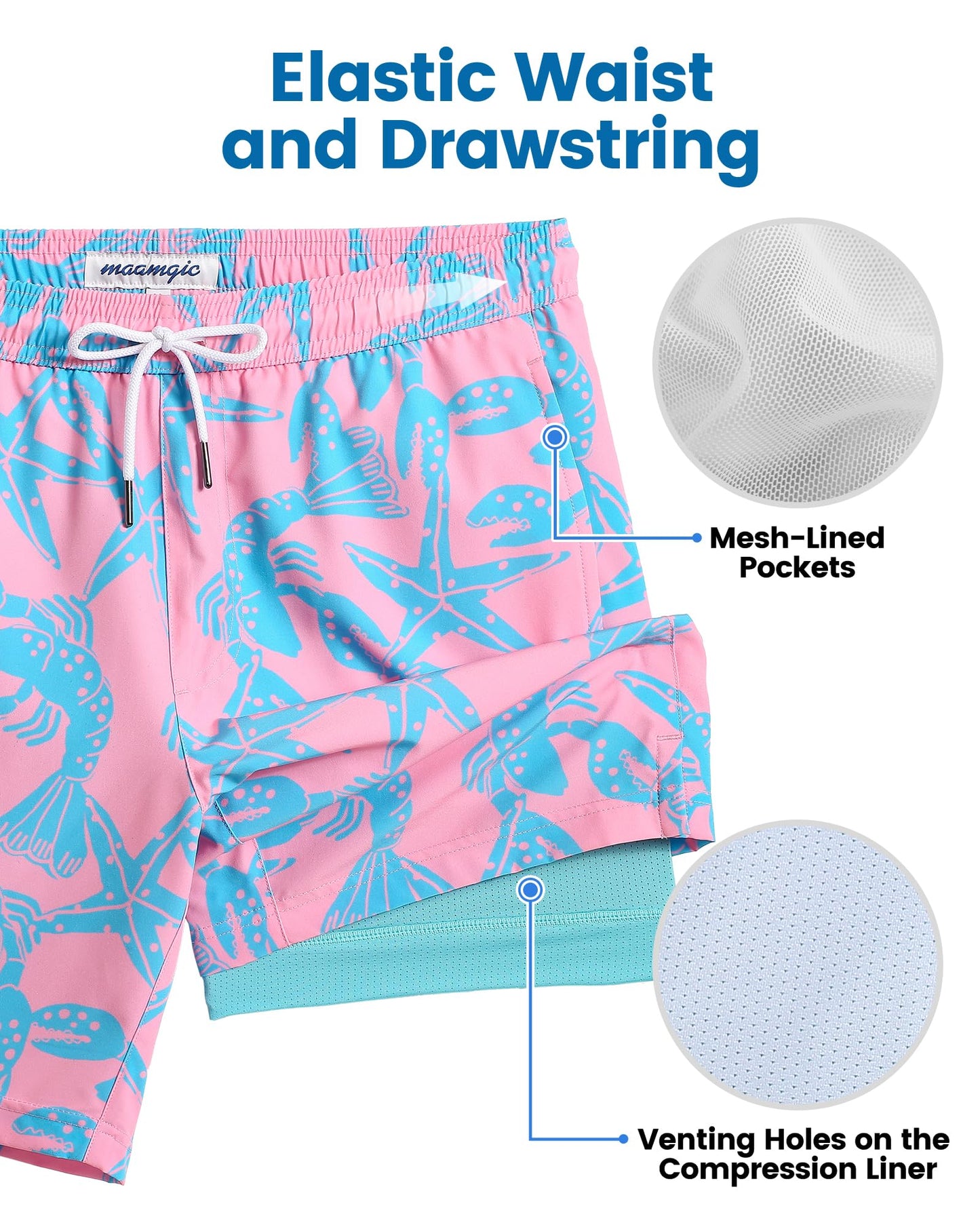 maamgic Mens Swim Trunks with Compression Liner 7 Inch Inseam Mens Bathing Suit Quick Dry Swimming Trunks Swimsuit Starfish Pink Green X-Large