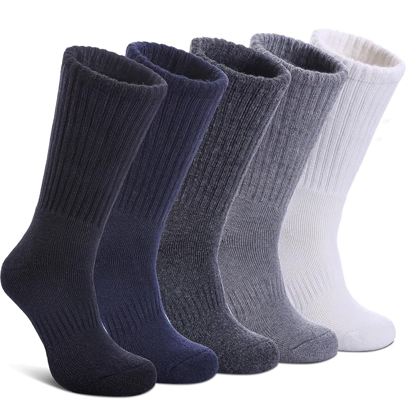 DYW Merino Wool Hiking Socks 5 Pairs - Thermal Warm Crew Socks, Cushion, Medium & Large (Solid Colors)