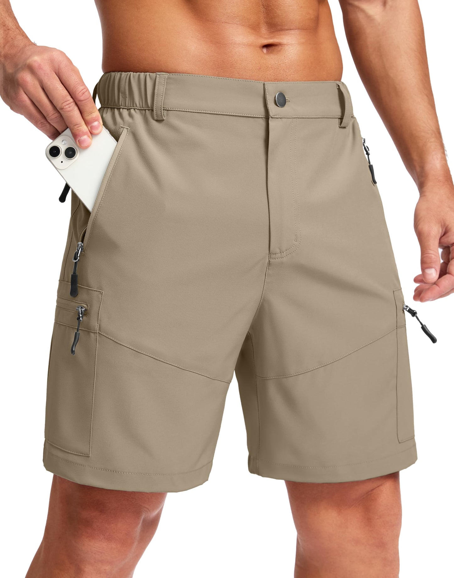 Pudolla Men's Hiking Cargo Shorts Lightweight 7" Travel Casual Shorts for Men Golf Work Outdoor with 5 Zipper Pockets(Dusty Khaki Medium)