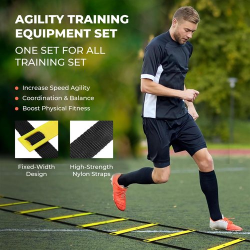 Agility Ladder Speed Training Equipment Set-2x 20ft Agility Ladder,12 Soccer Cones,4 Hurdles, Jump Rope, Running Parachute| Basketball Football Soccer Training Equipment for Kids Youth Adults