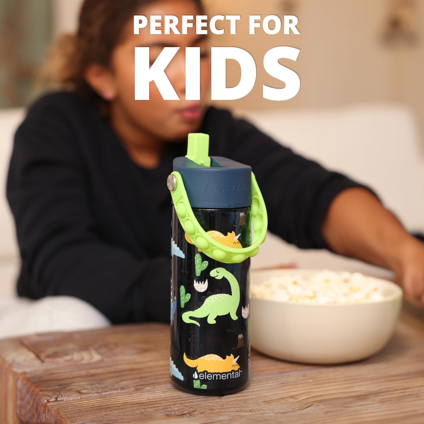 Elemental Leak Proof Water Bottles for Kids - Splash Kids Water Bottle for School with Pop-it Handle - Tritan Plastic Water Bottle with Straw - Space & Dinosaur - 18oz (2 Pack)