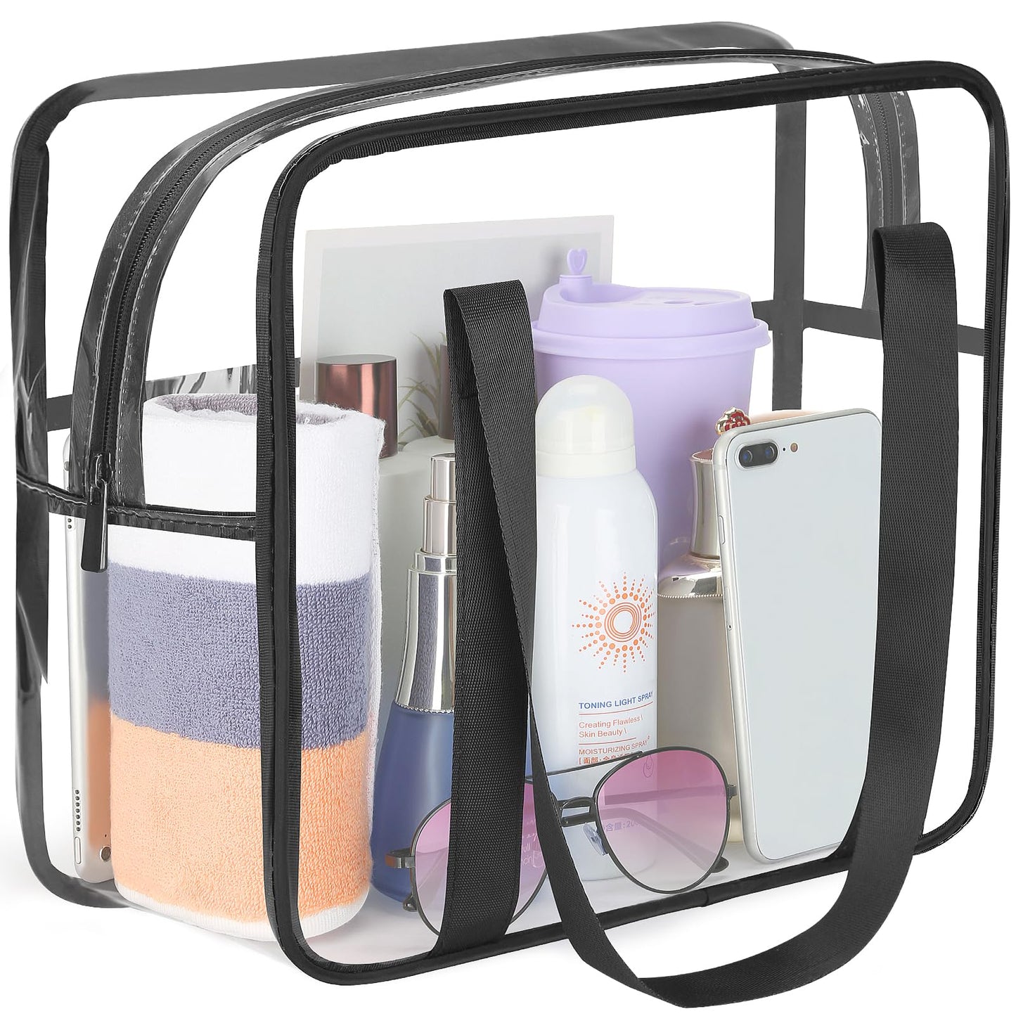 HAOGUAGUA Extra Large Clear Cosmetic Makeup Bag, Transparent PVC Tote Shoulder Bag Stadium Approved, Waterproof Clear Toiletry Carry Pouch Makeup Artist Bag Diaper Bag (Black)
