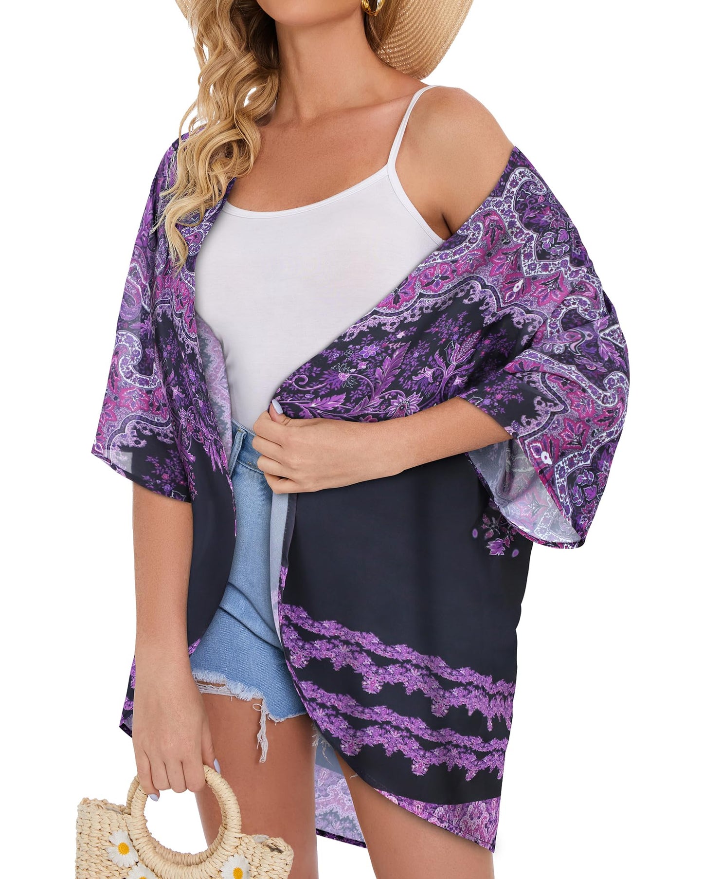 Women's Floral Kimono Print Puff Sleeve Loose Cardigan Cover Up Casual Blouse Summer Tops (Black Purple Boho, 3XL)