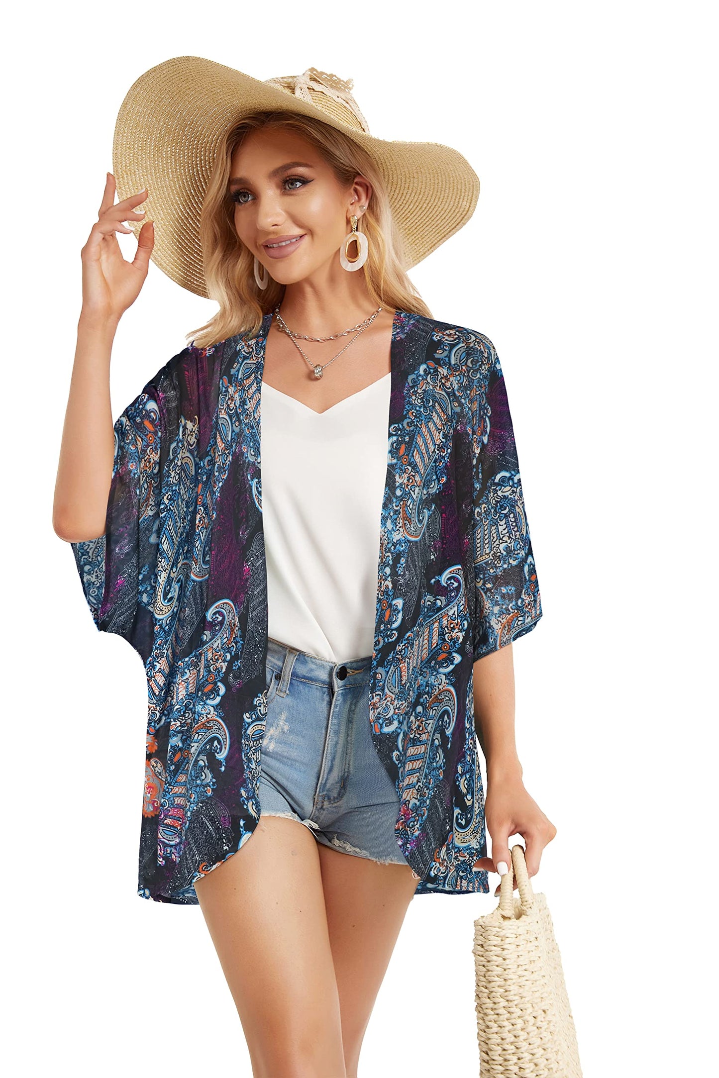 Summer Kimono Cardigan for Women Sheer Light Tops Casual Open Front Swimwear Shirts Beach Cover ups (Boho Purple,4XL)