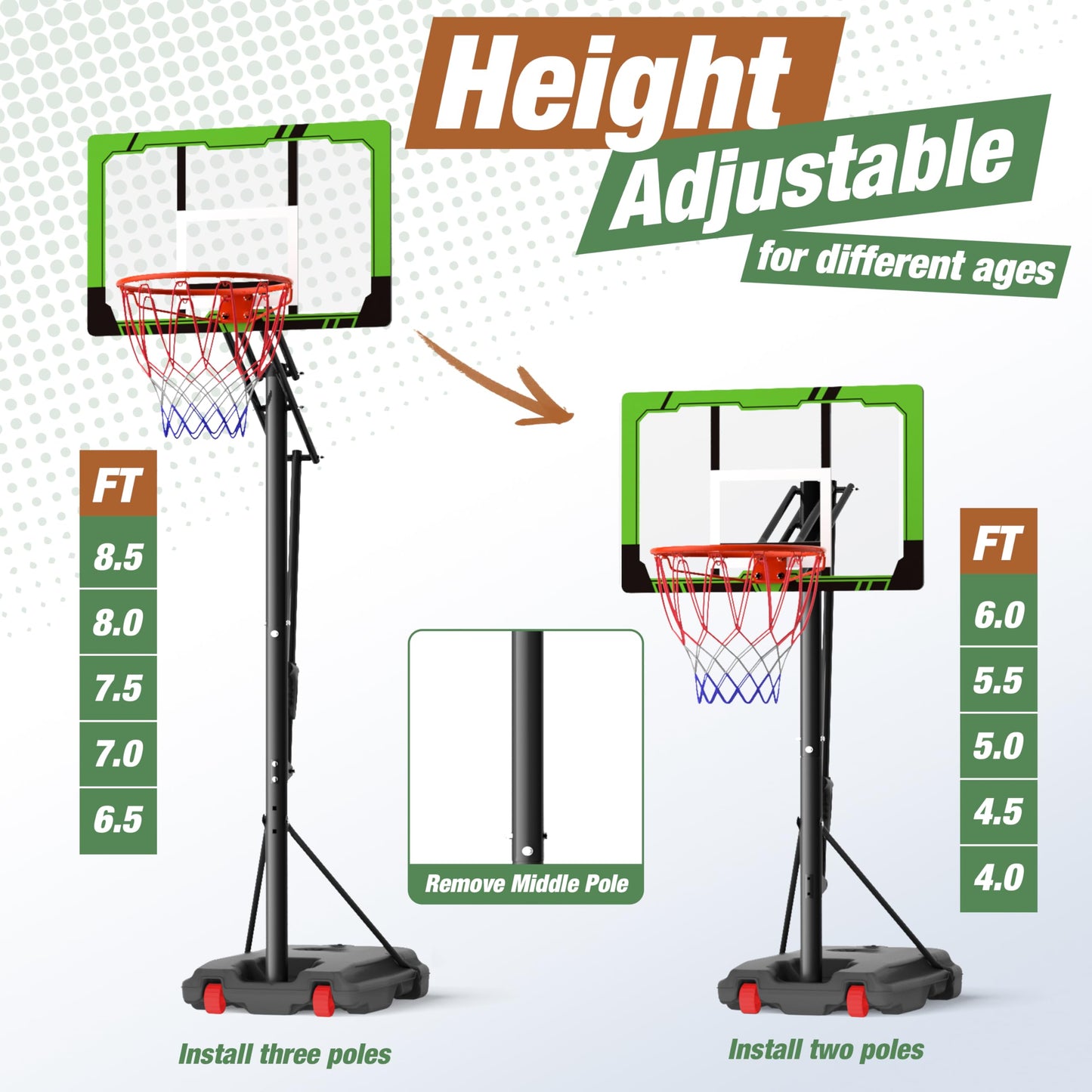 Portable Basketball Hoop Height Adjustable 8.5/10ft: Outdoor Basketball Goal System for All Ages in Backyard & Driveway, 33-48 Inch Shatterproof Backboard and Stable Base