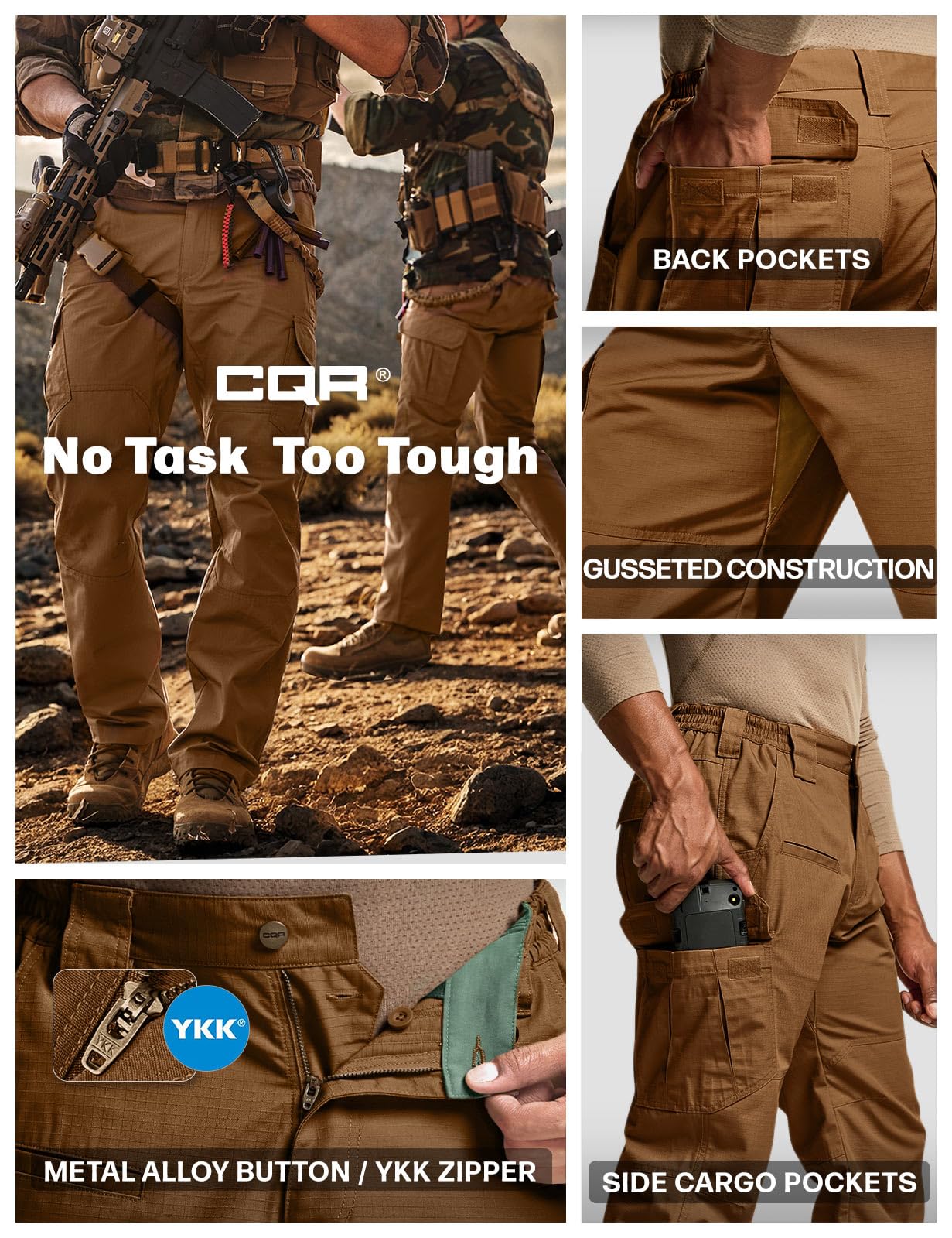 CQR Men's Tactical Pants, Water Resistant Ripstop Cargo Pants, Lightweight EDC Work Hiking Pants, Outdoor Apparel, Raider Copper Brown, 44W x 32L