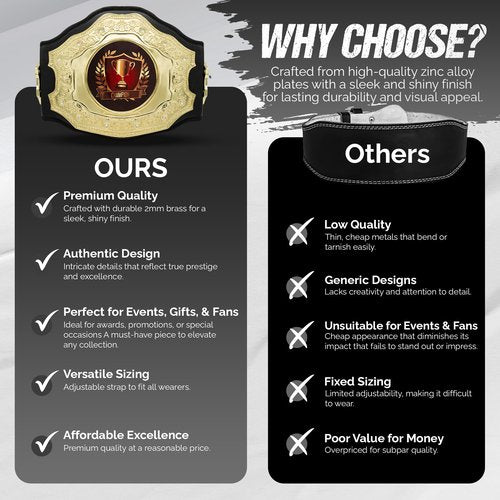 HANDSY Die Cast Heavy Championship Belt Adult – Real Leather Trophy Belt for Sports, Awards, Gifts, Events, Wrestling, and Prizes