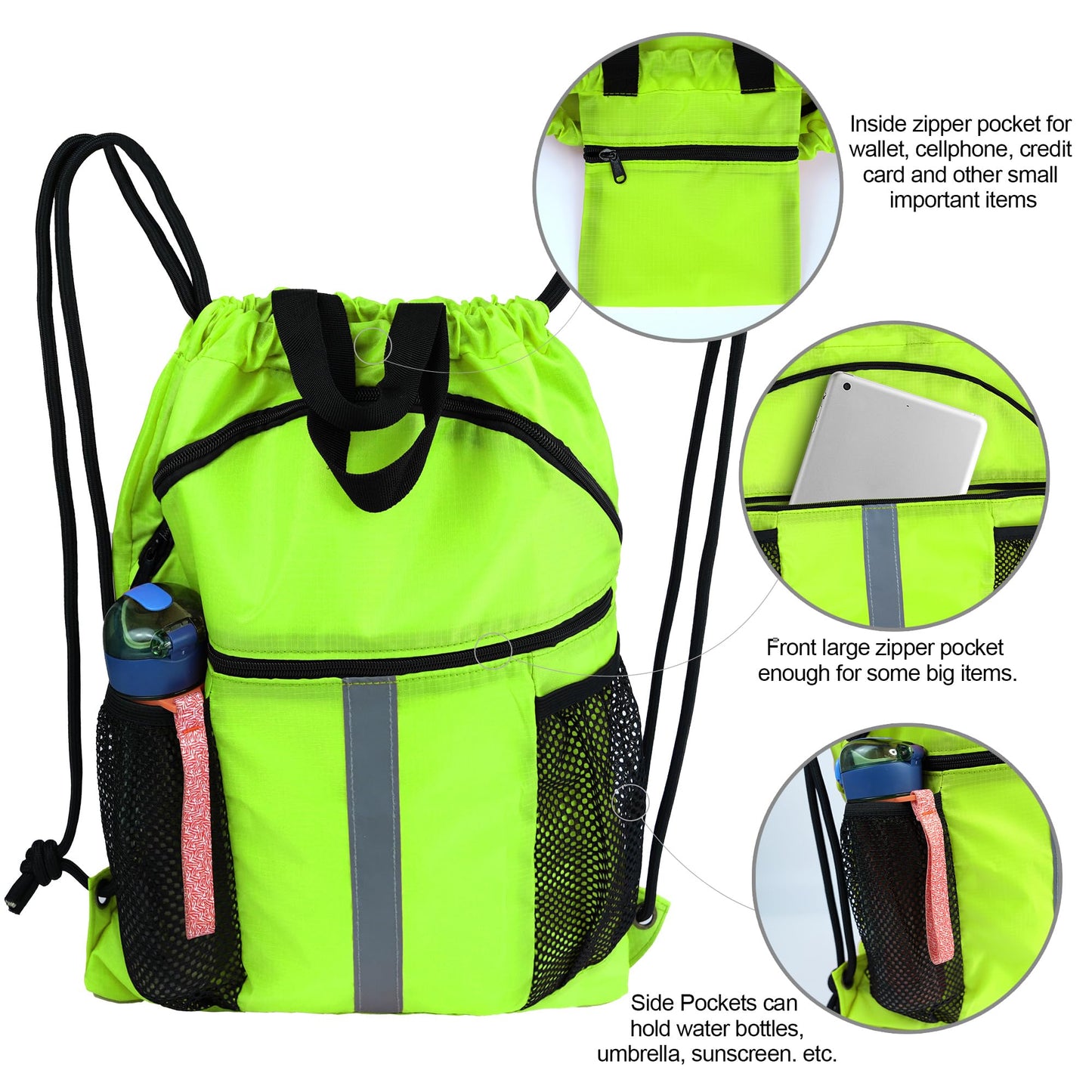 BeeGreen Yellow Drawstring Backpack with Shoe Compartment X-Large Gym Sports String Cinch Backpack Athletic Sackpack with Front Inside Zipper Pockets