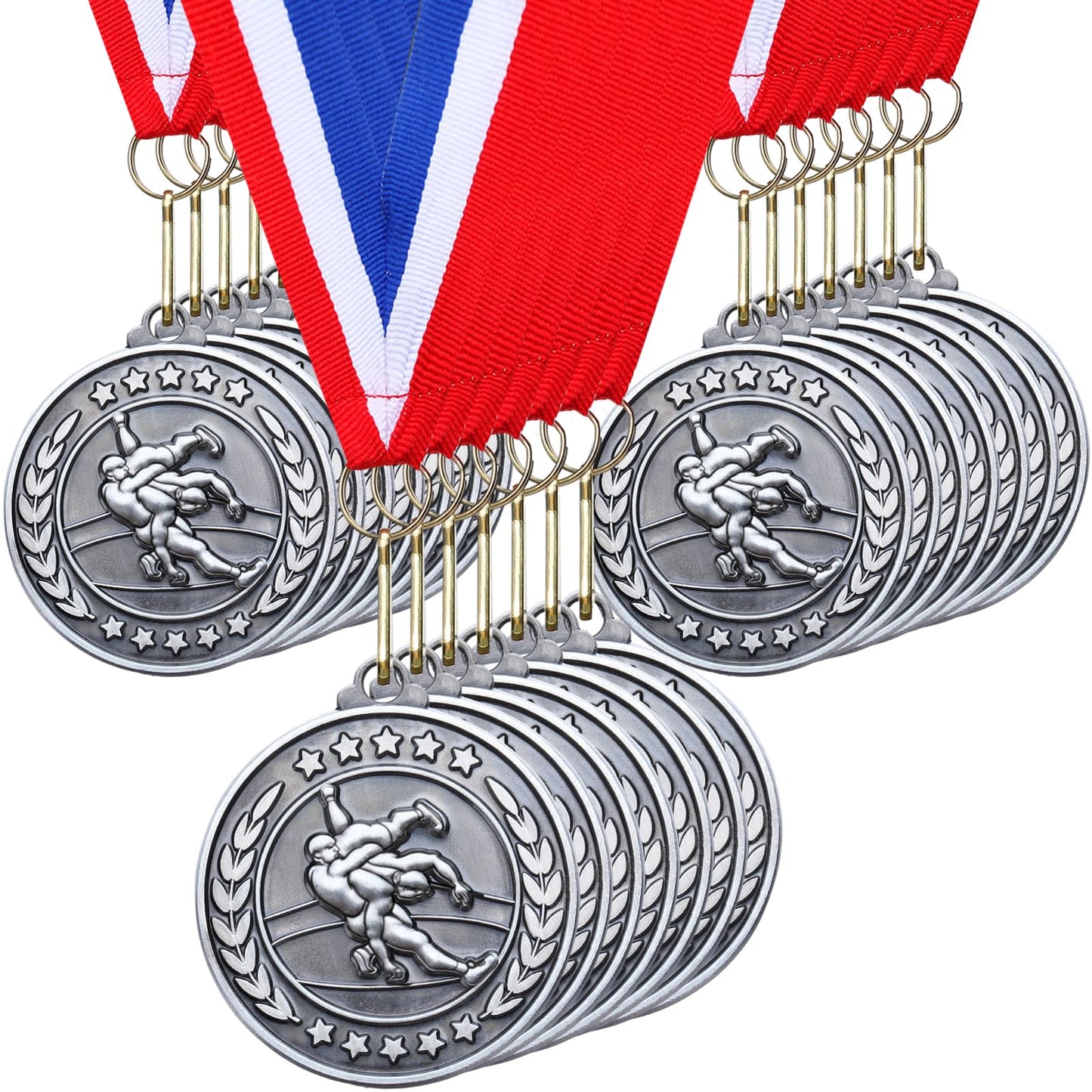 Remuuly 30 Pcs Silver Medals Bulk 2'' Basketball Soccer Volleyball Football Kickball Tennis Hockey Medals for Award Metal Trophy with Neck Ribbons for Sports Participation Tournament Gift (Wrestling)
