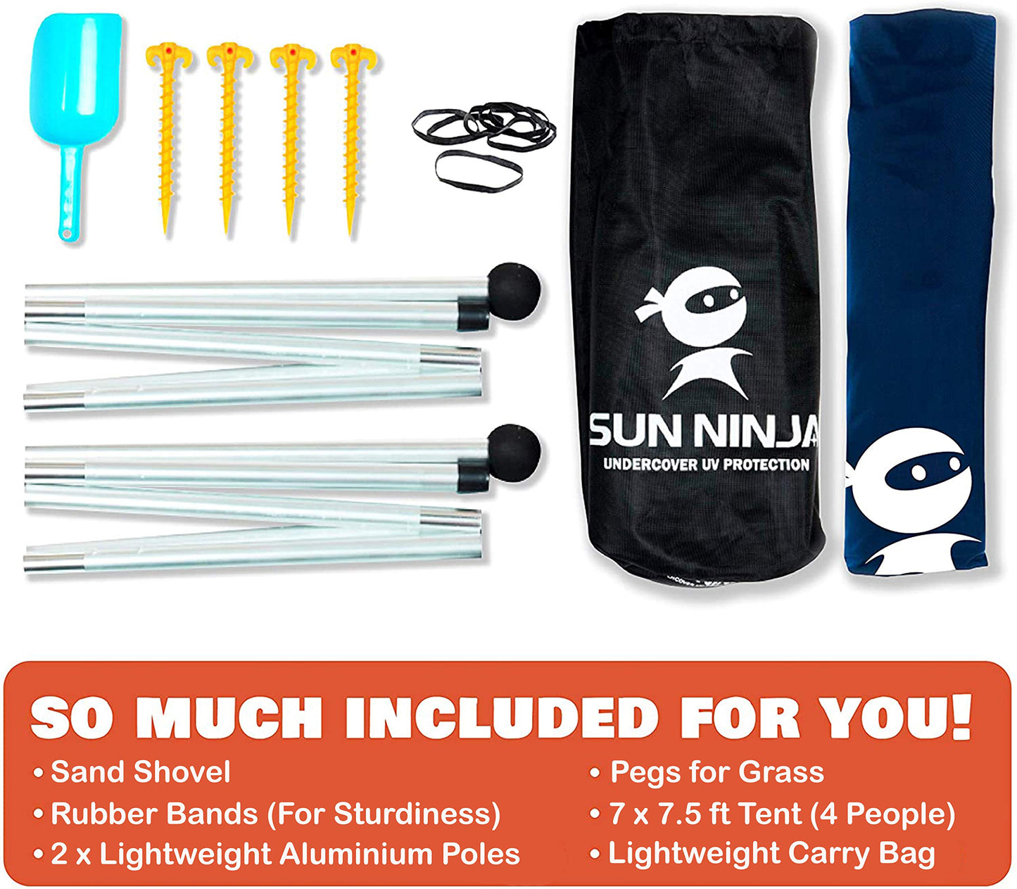SUN NINJA Pop Up Beach Tent Sun Shelter UPF50+ with Sand Shovel, Ground Pegs and Stability Poles, Outdoor Shade for Camping Trips, Fishing, Backyard Fun or Picnics (7x7.5 FT 2 Pole, Navy)
