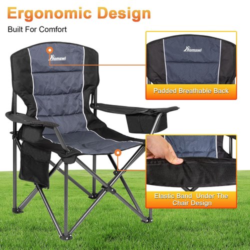Romswi Oversized Camping Chairs,Heavy Duty Support 500 LBS,Padded Back & Arm Sport Chairs, Cup Holder Cooler Bag, Collapsible Folding Chairs for Outdoor, Fishing & Garden, Black,2-Pack