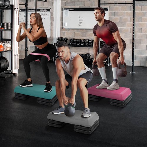 Fitvids Step Aerobic Platform with 4 Stackable Risers, 28'' Exercise Step Adjustable Height 4"-6''-8'', Fitness Training Workout Stepper for Home Gym, Cardio Strength, Black and Pink
