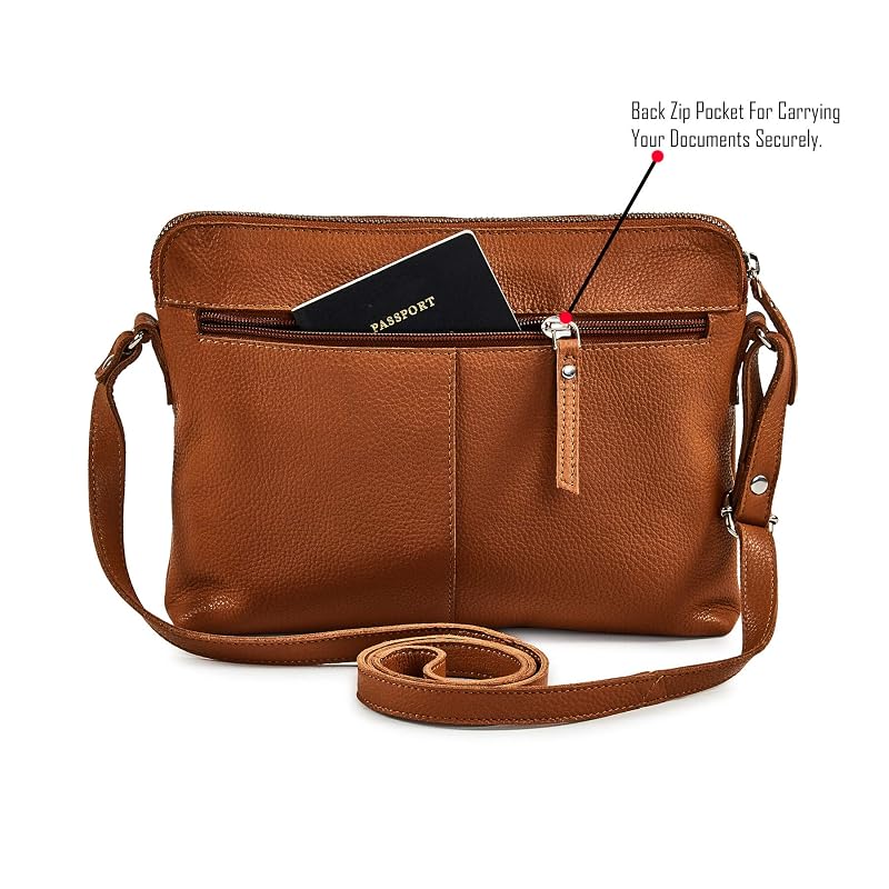 Cognac Leather Crossbody Bag for Women - Small Pebbled Genuine Leather, 5-Compartment Sling Purse with Adjustable Strap