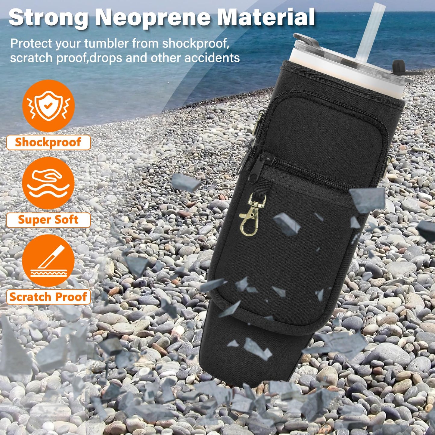 Water Bottle Carrier Bag with Phone Pocket Compatible with Stanley/Meoky 40 oz Tumbler with Handle,Water Bottle Holder Pouch with Adjustable Strap Compatible with Stanley Cup Accessories,Black