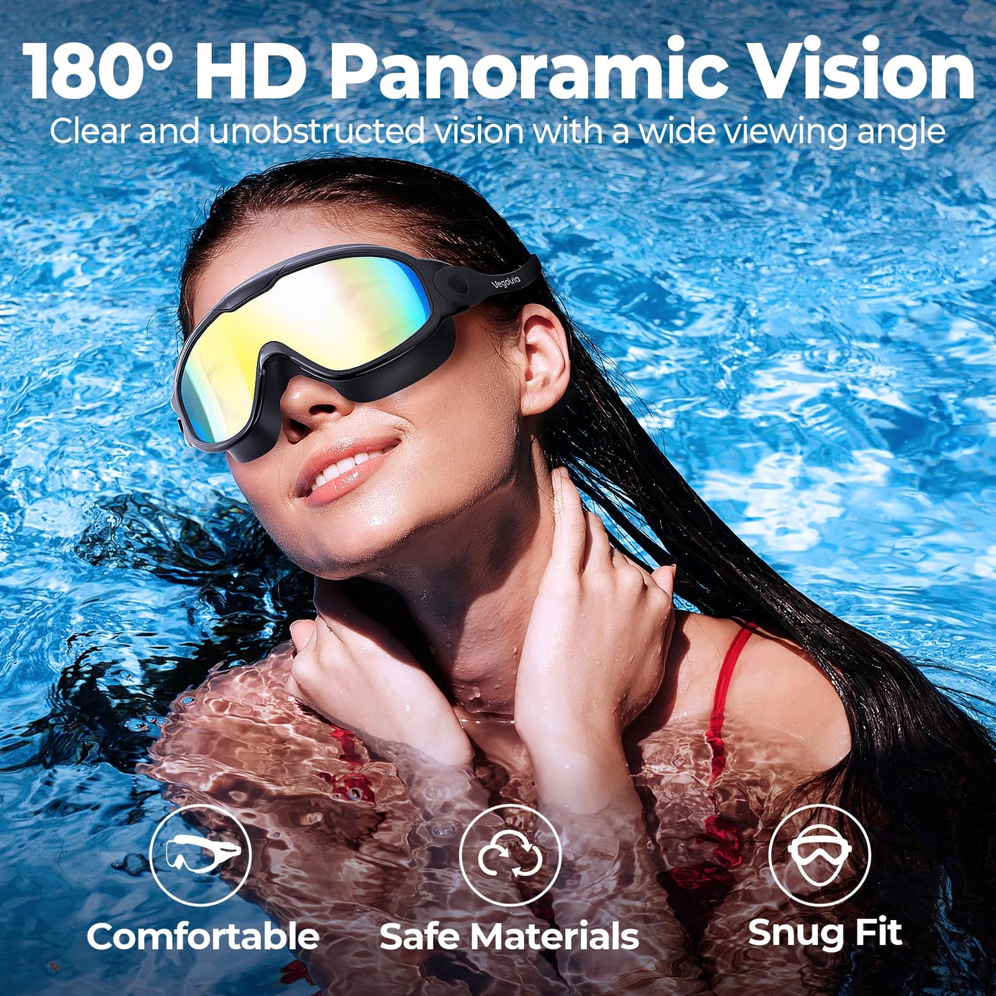 VegoVia Adult Swim Goggles 2 Pack, 180° Wide View Anti-Fog Pool Water Goggles Swimming Adult UV Protection No leaking Swim Glasses Waterproof for Men Women Youth Pool Beach Open Water