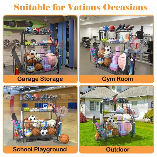 Sports Equipment Organizer, Garage Ball Storage Racks - Outdoor Toy Storage with 2 Side Racks & Removable Baskets, Heavy-Duty Garage Rolling Ball Cart with Wheels, Hooks for Sports Gear, Toys
