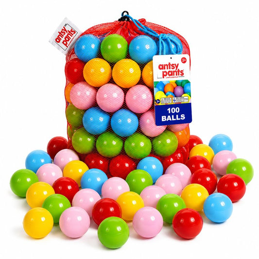 Antsy Pants 100 Ball Pit Balls, Ball Pit for Toddlers 1-3, Non-Toxic Materials, Lightweight, 5 Colors, Reusable Storage Bag, Plastic Balls for Ball Pit, Sensory Toys for Kids