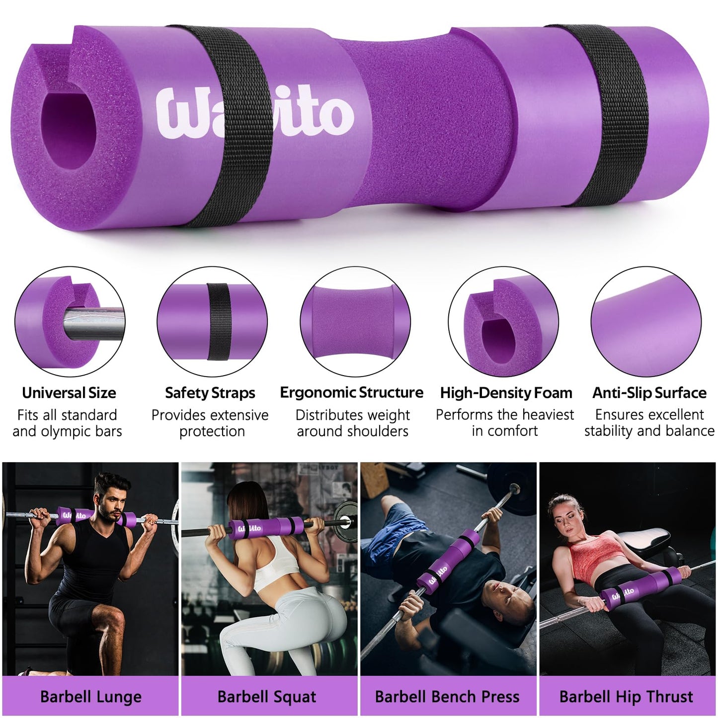 WALITO 8Pcs Barbell Pad Set for Hip Thrust - Squat Pad,Gym Accessories for Women with Bar Bad,Bench Press, with Gym Ankle Straps,Resistance Bands for Working Out,Lifting Strap,Carry Bag (Purple)