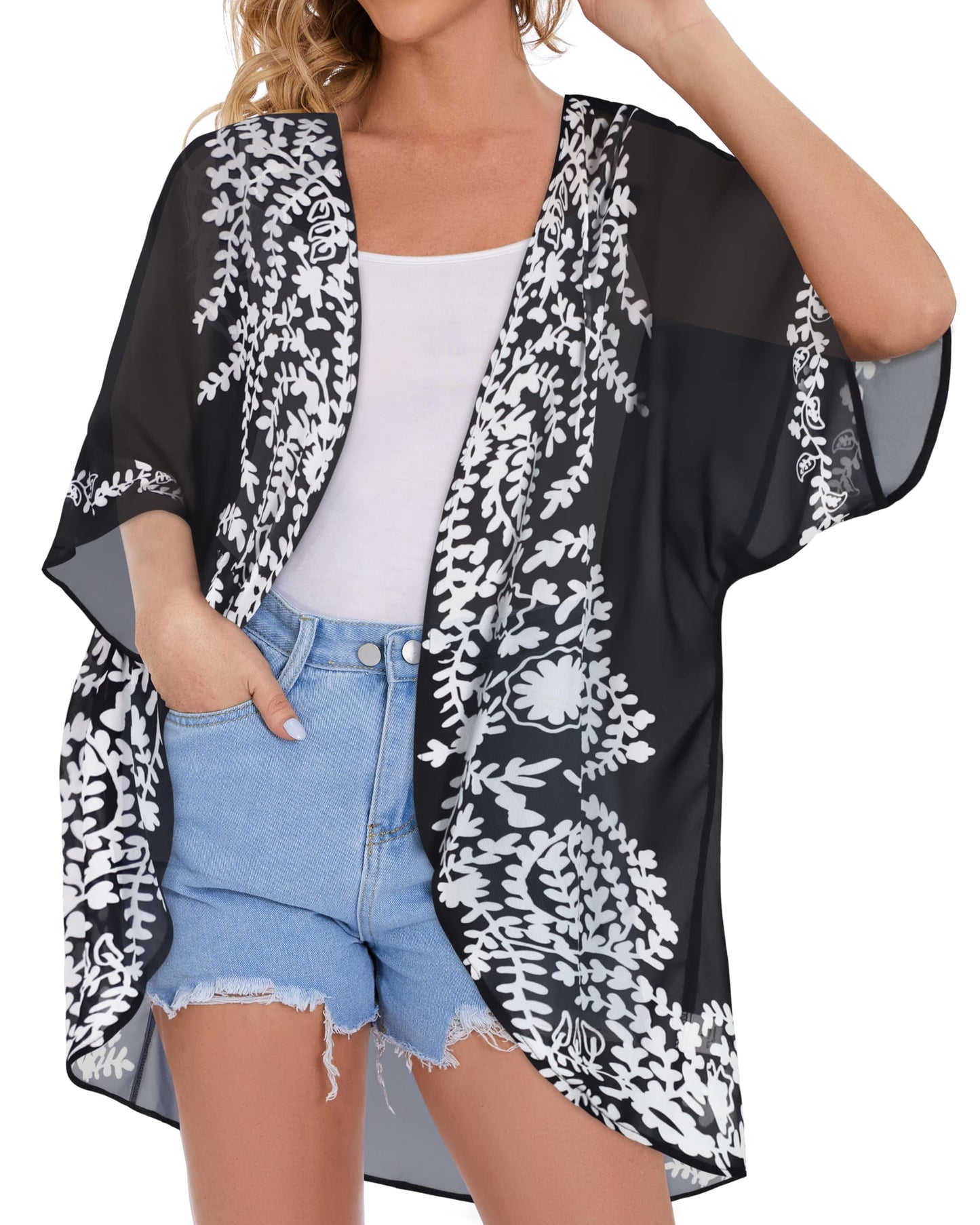 Womens Floral Kimono Cardigans Beach Cover Tops Loose Puff Sleeve Casual Blouse (C Black Flower, 3XL)