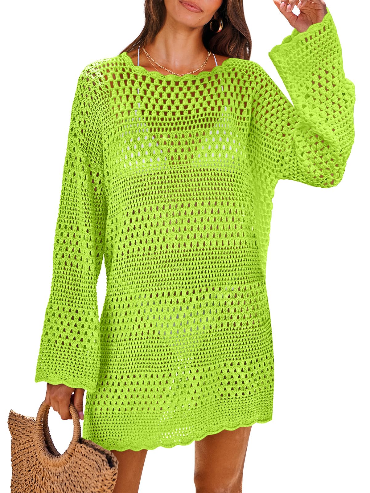 ANRABESS Women Swimsuit Crochet Swim Cover Up 2026 Summer Bathing Suit Swimwear Mesh Knit Beach Dress Vacation Outfits Green X-Large