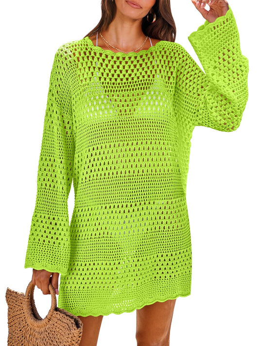 ANRABESS Women Swimsuit Crochet Swim Cover Up 2026 Summer Bathing Suit Swimwear Mesh Knit Beach Dress Vacation Outfits Green X-Large
