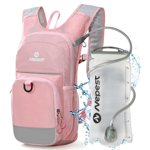 Nepest Kids Hydration Backpack, Mini Water Backpack with 1.5L Water Bladder for Hiking Cycling Running (Pink)