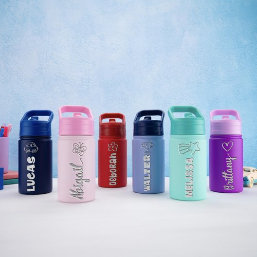 Personalized Water Bottle for Kids - Stainless Steel, 12 oz, Name & Icon, Leakproof Lid, Great Gift for Girls - Pink