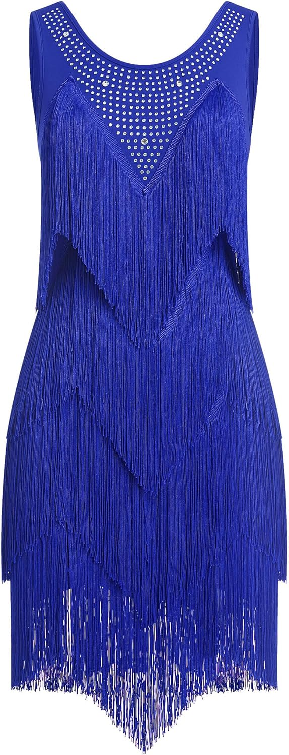 IWEMEK Rhinestones Layered Fringe Dress Ballroom Latin Dance Dress for Women Tiered Tassel Flapper Dresses Dancing Costume