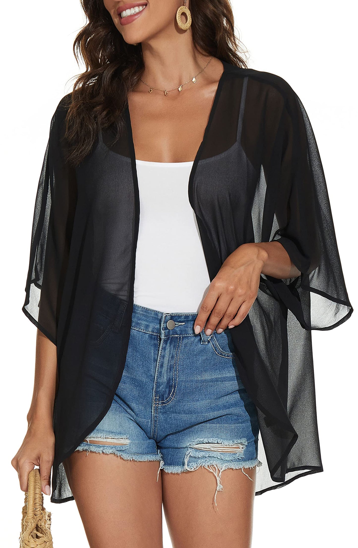 Women Summer Tops Kimono Cardigans Sheer Beach Cover Ups Chiffon Open Front Shirts （Black,L)