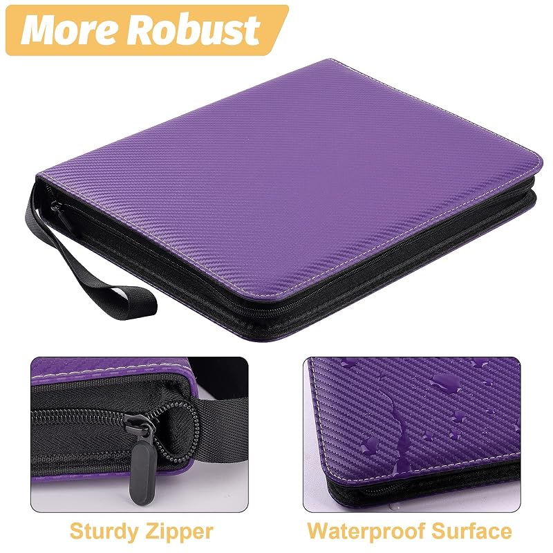 9-Pocket 3-Ring Card Binder 720 Capacity Purple – Zippered PU Album for TCG & Sports Cards (Variation: Carbon Purple+9 Pocket 720)