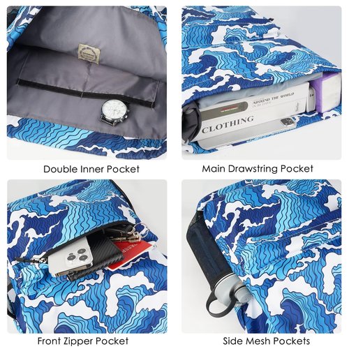 Drawstring Backpack Gym Bag for Women Men Large Capacity Back Pack Trendy Swim Bags String Backpack with Mesh Pockets for Beach Travel Hiking Yoga Wave