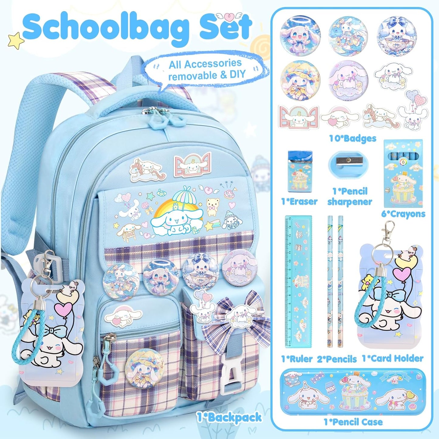 16.5/19IN School Backpack for Girls with 24Pcs Accessories, Anti-Theft Kids Backpack for Students Aged Between 4-8 Years Old/9 Years Old and Above, New Semester Presents with Pins and Card Holder