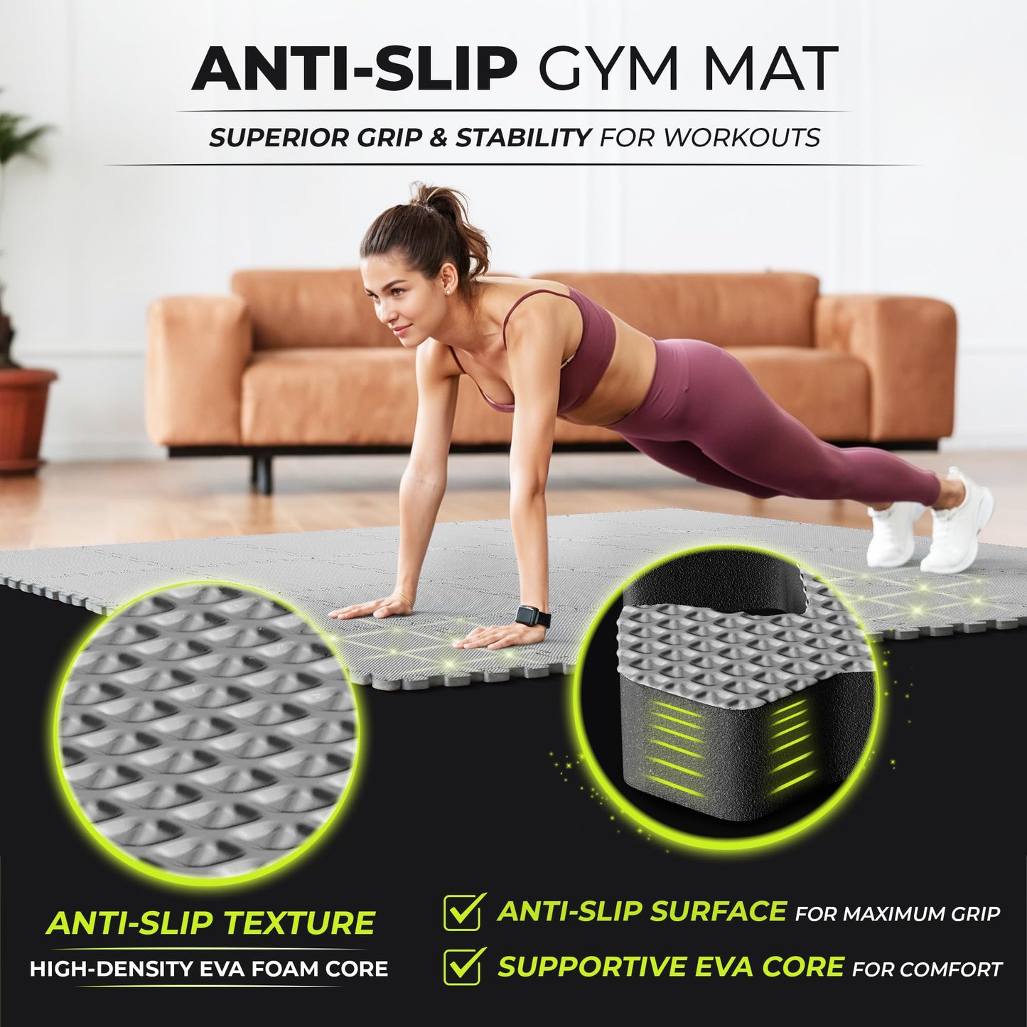 bemaxx Gym Mats Set - 18 pcs EVA Interlocking Foam Floor Tiles (12.6"x12.6"x0.4") 18sqft Protective Gym Flooring Sports Home Workout Exercise Mats Puzzle Garage Fitness Play-Room Pool Treadmill Bike