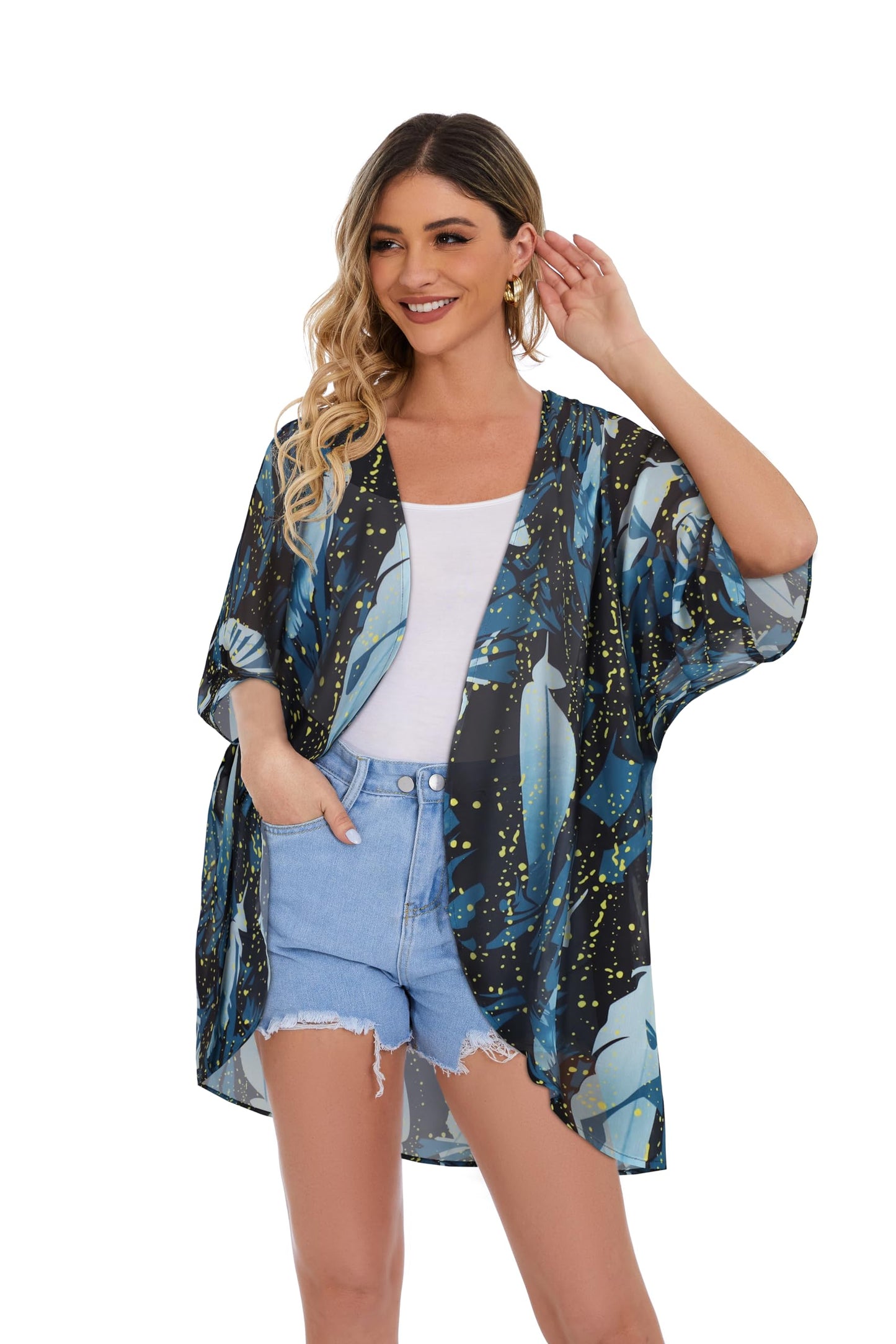 Womens Casual Coverup Summer Kimono Cardigan Hawaiian Shirts Loose Blouse Duster （Firefly Blue Print,2XL）