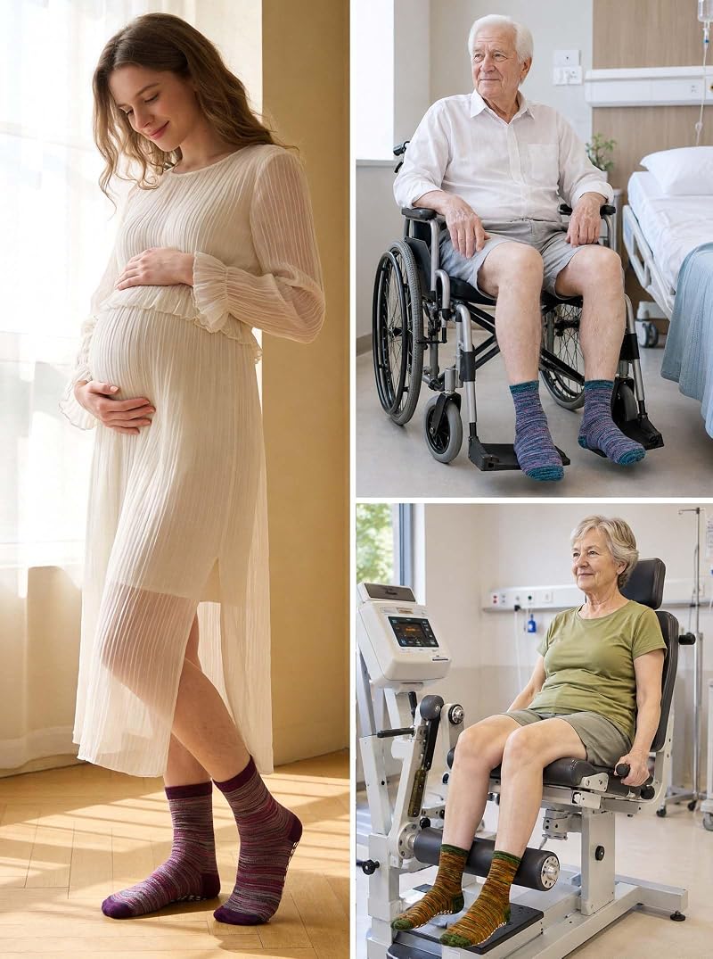 Non Slip Grip Socks for Men & Women - 5 Pairs Gray Blue Green Orange Purple - Anti-Slip Elderly Hospital Socks