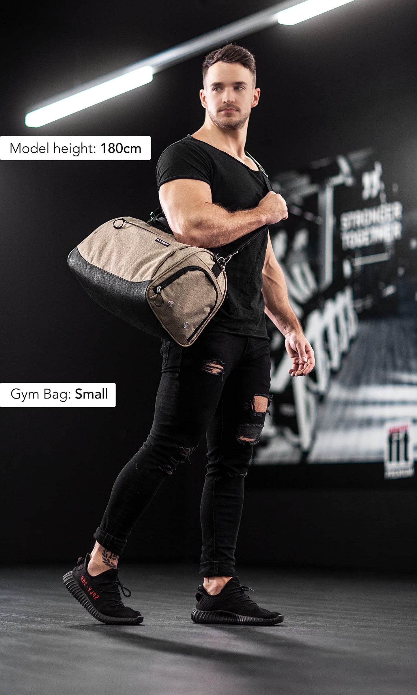 Fitgriff® Gym Bag for Men & Women with Shoe & Wet Compartment - Duffle Bag for Travel, Sports, Fitness & Workout (Sand, 19 x 10 x 10″ (Small))