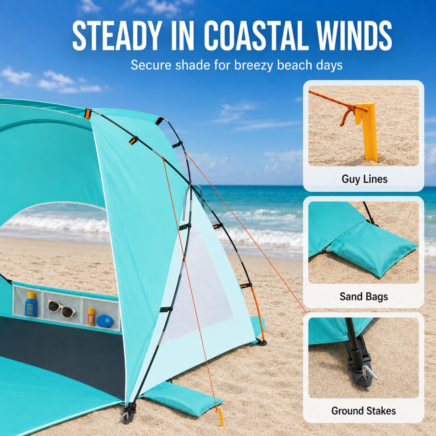 Beach Tent, Portable Sun Shelter for 2/3/4/6-8 Person with UPF 50+ UV Protection, Easy Setup Waterproof Beach Shade Canopy Cabana for Family Outdoor and Picnics, Fishing with Carrying Bag