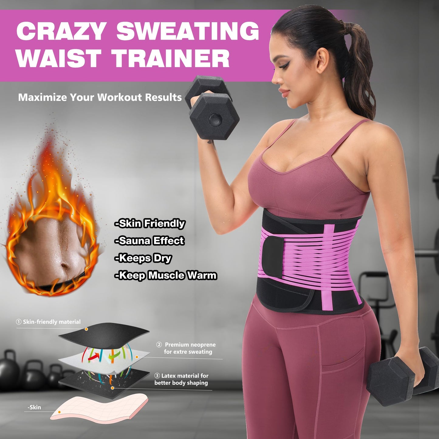 KOOCHY Waist Trainer For Women Men,Waist Trimmer Tummy Control Belt Sweat Band for Weight Loss Workout Fitness Gym (Purple, Large)